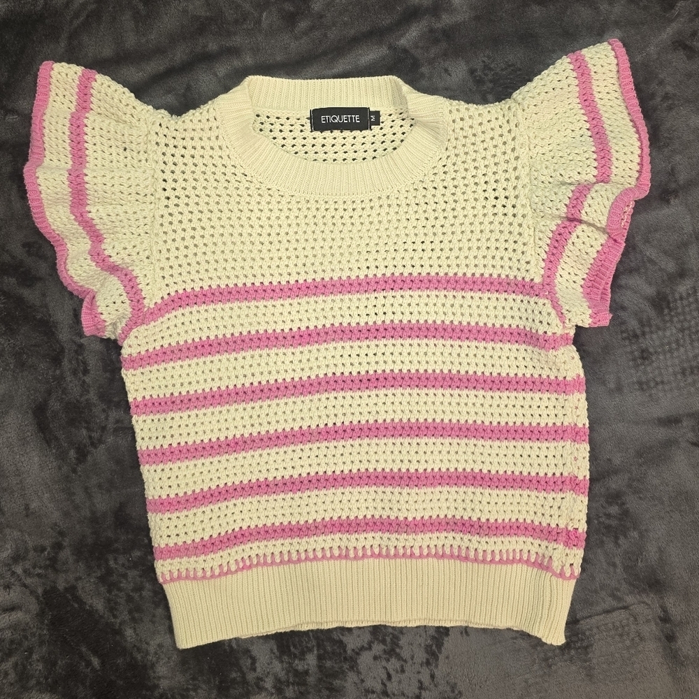 Striped Knit Short Sleeve Sweater With Ruffle Cap Sleeve Coquette Girly Preppy - Picture 2 of 4